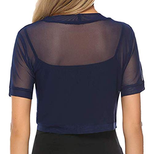 Summer Womens Tops Semi Sheer Short Sleeve Corp T-Shirt Chiffon Solid Basic Shrug Open Front Bolero Cardigan Tops Navy - Thumbnail 4