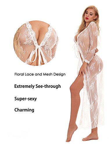 cunlin Women Sexy See Through Lace Gown Kimono Cover Up Sleepwear Set Plus Size Dress Maternity Pregnant Robe White XL