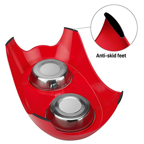 Flexzion Pet Feeder Bowls Double Stainless Steel (Set of 2) - Removable Raised Feeding Station Tray Dog Cat Puppies Animal Food Water Holder Container Dish Table Dinner Set with Elevated Stand (Red)