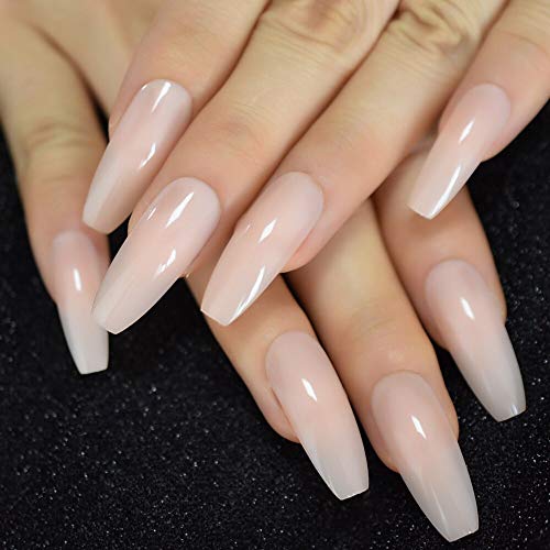 Nude Extra Long Fake Nails Coffin Full Cover Glossy False Nail Long Ballerina Nails with Glue Sticker - Thumbnail 4