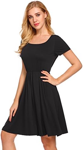 pasttry Women's Casual Solid Long Sleeve Empire Waist Knee Length Fit and Flare A-line Midi Swing Dress Black M