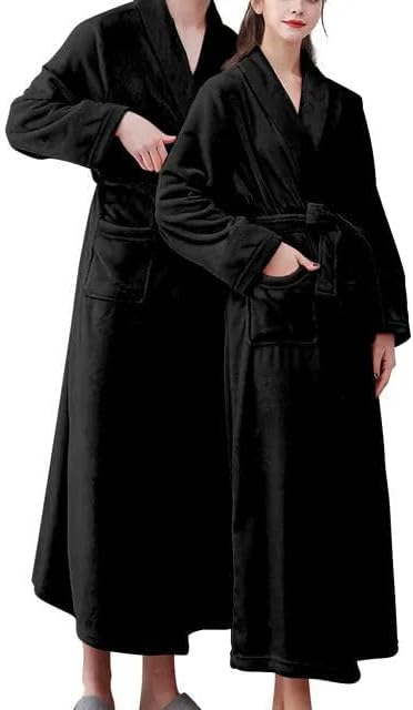 amazon ladies winter dressing gowns Women's Winter Thick Bathrobe Fleece Turn Down Collar Fluffy Dressing Gown Solid Long Sleeve Kimono Black M at Amazon Women's Clothing store
