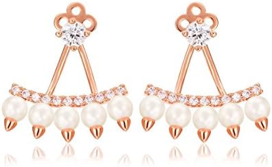 Windshow 18K Gold Plated Peacock Five Row Pearl Zircon Front and Back Double Side Ear Jacket Stud Earrings (Rose Pink)