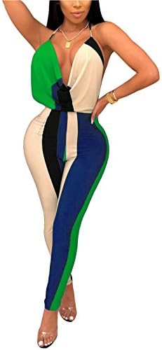 WentShopping Women Sexy Halter Neck Rainbow Color Block High Waist Jumpsuit Rompers