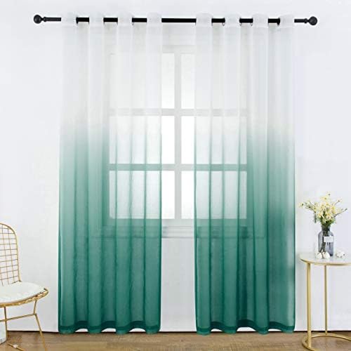 Bermino Faux Linen Sheer Curtains Voile Grommet Ombre Semi Sheer Curtains for Bedroom Living Room Set of 2 Curtain Panels 54 x 84 inch Dark Green Gradient