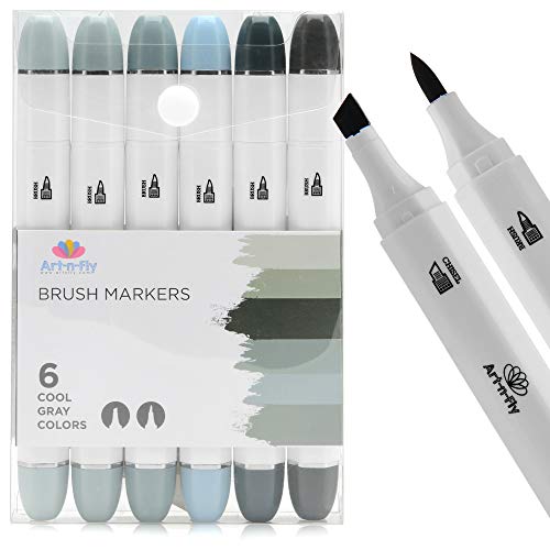 Art-n-Fly Professional Brush Tip Cool Gray Markers Set of 12 Cool Grey Tone Markers for Drawing Manga Sketching Illustration