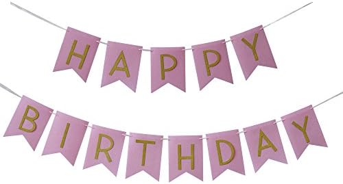 Wcaro Pink Happy Birthday Banner Happy Birthday Bunting Flag Happy Birthday Sign Glitter Gold Ribbon Letters & Light Pink Paper Background for Birthday Party Decorations Supplies