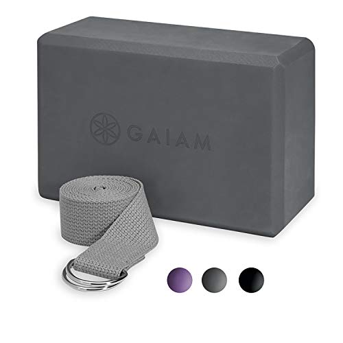 Gaiam Essentials Yoga Block + Yoga Strap Set, Grey