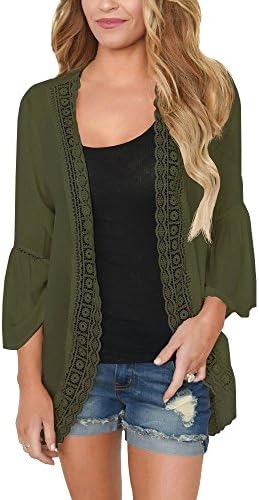 PRETTODAY Women's Ruffle Bell Sleeve Kimono Cardigans Lace Cover Up Loose Blouse Tops