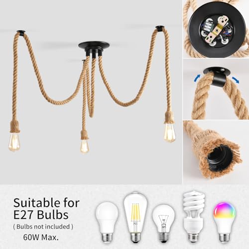 ANWIO Hemp Rope Pendant Lamp, Industrial E27 Lamp, Rustic Ceiling Lamps with 3 Bases, Vintage Ceiling Lamp, Ideal for Dining Room, Restaurant, Bar, Cafe, Living Room, Living Room (No Bulbs)