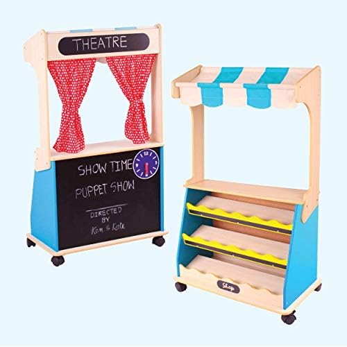 Brainsmith 2-Sided Wooden Pretend Play Set of Puppet Theatre and Shopping Market - Big Size Movable Educational Toy for Preschool Kids (3-8 Years)