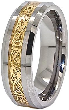 7mm Polished Tungsten with Golden Colored Celtic Dragon Inlay Wedding Band Size 11