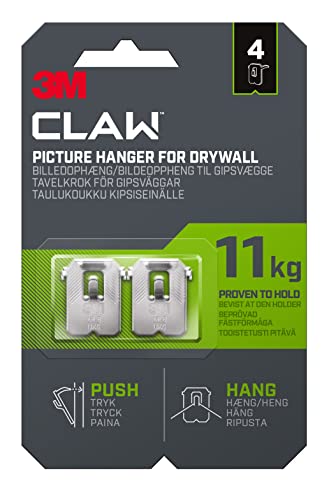 3M Claw Ganci da parete per appendere quadri in cartongesso, 4 ganci, portata fino a 11 kg, ideali per oggetti pesanti