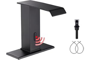 YBlucklly Automatic Sensor Touchless Waterfall Bathroom Sink Faucet with Control Box and Temperature Mixer DC Powered Sensor Hands Free Bathroom Tap Matte Black Vanity Faucets with Cover Plate Drain