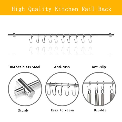 Kitchen Rail Rack HCHUANG Wall Rail with 22-Inch Wall Mounted Utensil Hanging Rack 304 Stainless Steel Hanger Hooks for Kitchen Tools, Pot, Towel