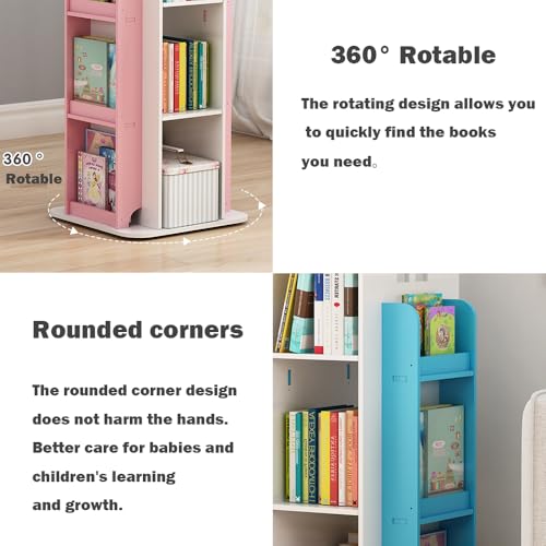Kids Rotating Bookcase 360° Spin, 3-Tier Interactive Bookshelf for Children's Room, Playroom Corner, Floor Standing Organizer for Toys & Books, Living Room, Study (Blue)