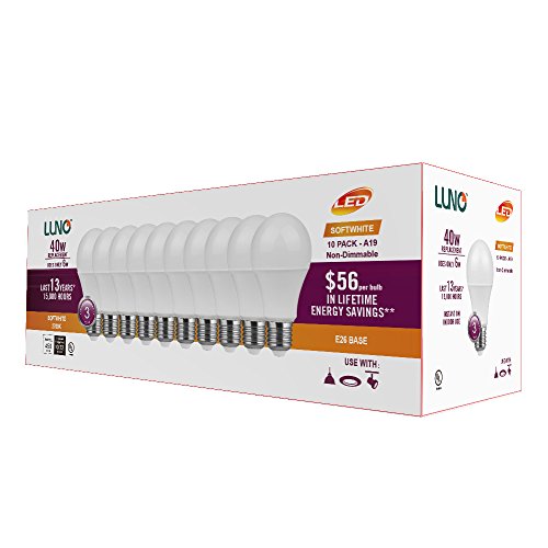 LUNO A19 Non-Dimmable LED Bulb, 6.0W (40W Equivalent), 450 Lumens, 2700K (Soft White), Medium Base (E26), UL Certified (10-Pack)