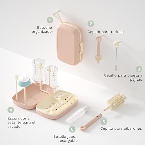 Limpador de garrafas 7 em 1, escovas, drenos, garrafa de sabão, cor-de-rosa, sem BPA