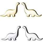 2 Pairs Tiny Dinosaur Stud Earrings Gold/Silver Color Minimalist Mini Animal Statement Earring Studs Cartilage Tragus Piercing Jewelry Gifts for Women Sensitive Ears