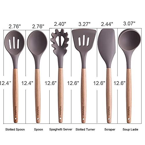 Mapthon Silicone Cooking Kitchen Utensils Set 6 PCS with Wooden Handle for Non-Sticker Cookware Heat-Resistant Kitchen Gadgets Serving Spoons, Slotted Turner, Spatula, Spaghetti Server(Grey)