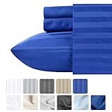 500 Thread Count Queen Sheet Sets - (4pc, Real Blue) - Long Staple Cotton With Woven Damask Stripe - Premium Quality and Deep Pocket Satin Bedsheets, Fits Upto Mattress 18'' Deep Pocket