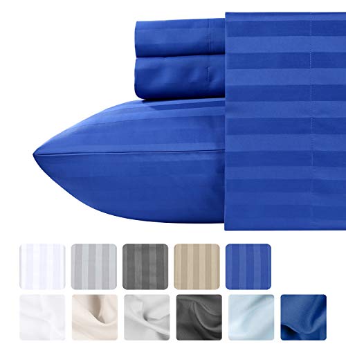 500 Thread Count Queen Sheet Sets - (4pc, Real Blue) - Long Staple Cotton With Woven Damask Stripe - Premium Quality and Deep Pocket Satin Bedsheets, Fits Upto Mattress 18'' Deep Pocket