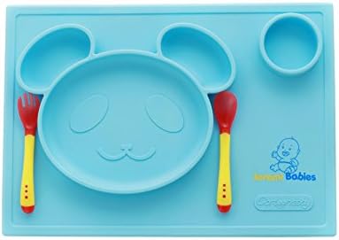 One-Piece Silicone Placemat + Plate For Babies And Toddlers By Jeremi Babies. Happy Panda Design. Pack Includes: 1 Silicone Spoon & 1 Fork. Ultimate Safety, Risk-Free. Suctions To Tables (Blue)