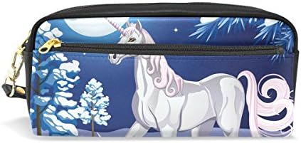 ColourLife Leather Zipper Pencil Case Pencil Holder Pouch Bag Makeup Cosmetic Bag White Unicorn In A Snowy Night