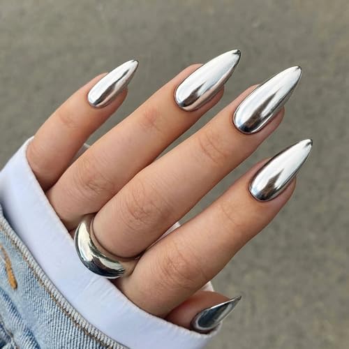 Qsnidy Chrome Press On Nails Almond, Metallic Sliver Mirrored Press On Nails Medium Glue on Nails, Acrylic Natural Fit Stick on Nails in 12 Sizes - 24 Fake Nails Kit for Women Daily & Party Wear