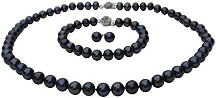 3pc Pearl Set Genuine AAA 8-9mm ROUND Black Strand Pearl Necklace Bracelet Stud Earrings Cultured Freshwater (24)