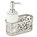 mDesign Decorative Ceramic Kitchen Sink Countertop Liquid Hand Soap Dispenser Pump Bottle Caddy with Storage Compartment - Stores Sponges, Scrubbers, Brushes - White/Satin