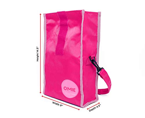 OmieBox Lunch Bag - Washable Velcro Rolltop Reusable Nylon Lunch Tote with Adjustable Strap - 14.5 x 9 Inches (Pink)