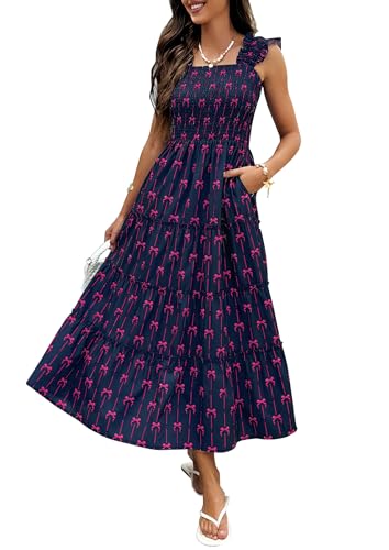 ECOWISH Women's Summer Maxi Dresses - 2026 Sleeveless Square Neck Smocked Ruffle High Waist Flowy Tiered Boho Beach Sundress Navy Blue2 X-Large at Amazon