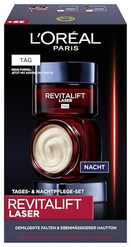 L'Oréal Paris Gesichtspflege Set, Anti-Aging Tagespflege und Nachtpflege mit 3-fach Wirkung - mit Pro-Retinol, Hyaluron und Vitamin C, Revitalift Laser, 2 x 50 ml