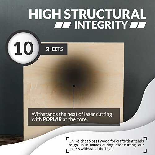 Basswood Sheets for Crafts 1/8 inch, 3mm Plywood Sheets for Laser Cutting, Wood Burning, Architectural Models, Drawing - 10 Pack Bass Wood 12 x 12 inch (SS Custom Products)