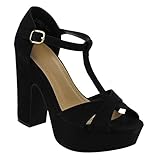 BAMBOO EF51 Women's Platform Criss Cross T-Strap Buckle High Block Dress Heels