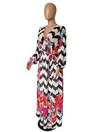 Augsuttc - Vestido largo para mujer, diseño floral, manga larga, cuello en V, cintura maxi