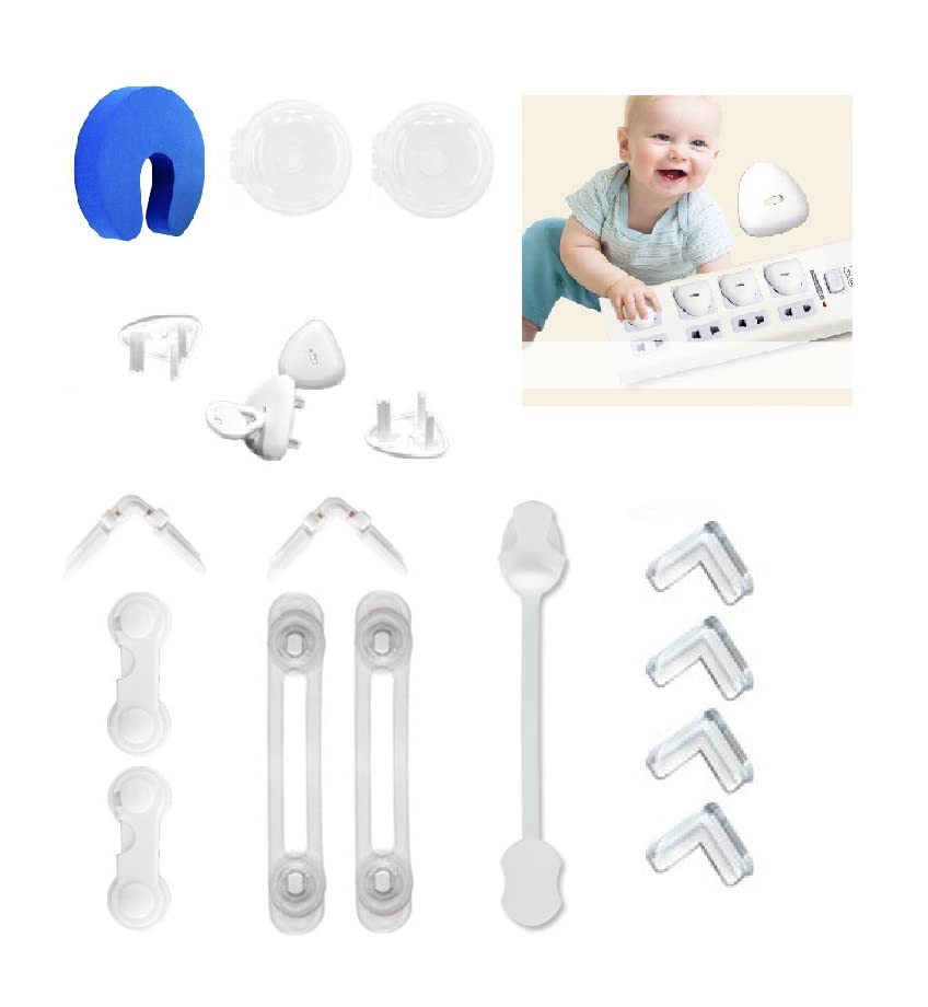 S&D, Baby Safety kit Child Security Set Includes Corner Protectors, Baby Proofing Set, Plug Covers, Toilet Lock, Oven knob Cover Drawer Strap Lock, Cupboard Latch, Door Stopper (Essential 18 Pieces)
