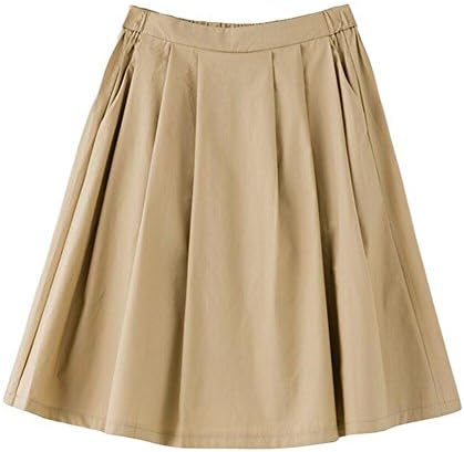Isher Women Basic Solid Color Elastic Waist a-Line Slim Skirt (Khaki)