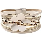 Flower Charm Wrap PU Leather Bracelet for Women Lady Trendy Multi-Layer Cuff Bracelet Handmade Bracelets Jewelry