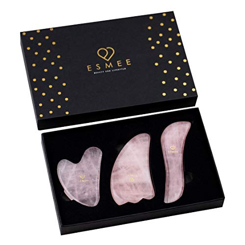 Rose Quartz Gua Sha Facial Tool Set by Esmee 3 in 1 Premium Guasha Kit Real Rose Quartz Crystal Anti-aging Beauty Therapy for Massage and Skin Rejuvenation