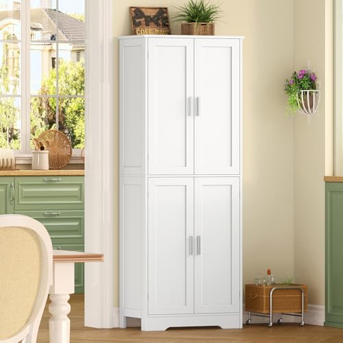 TEENFON 67" Storage Cabinet, Kitchen Pantry Cabinet with 4 Doors and 2 Adjustable Shelves, Tall Bathroom Cabinets, Cupboard, for Dining Room,White