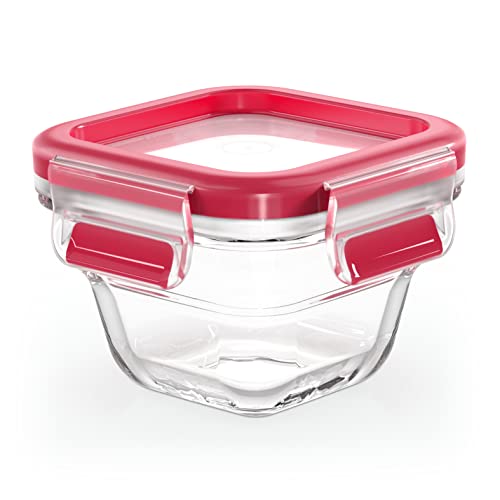 Emsa Clip & Close Glass Food Storage Container, Square, 0.18 L, 100% Leak-Proof, Non-Slip Stacking, Glass Container, Dishwasher, Freezer, Oven, Microwave Safe, Red, Transparent, N10413