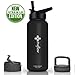 the flow Insulated Water Bottle Large 32oz Stainless Steel Hydro Vacuum Flask with Wide Mouth Straw Lid, Coffee Flip Lid and Carabiner, Double Wall Sports Travel Tumbler (Black, 32oz)
