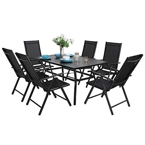 Mfstudio 7pcs Outdoor Patio Dining Set 6 Folding Reclining Chairs 1 Rectangular Table With 1 57 Umbrella Hole Lawn Backyard Garden Furniture Sets Black