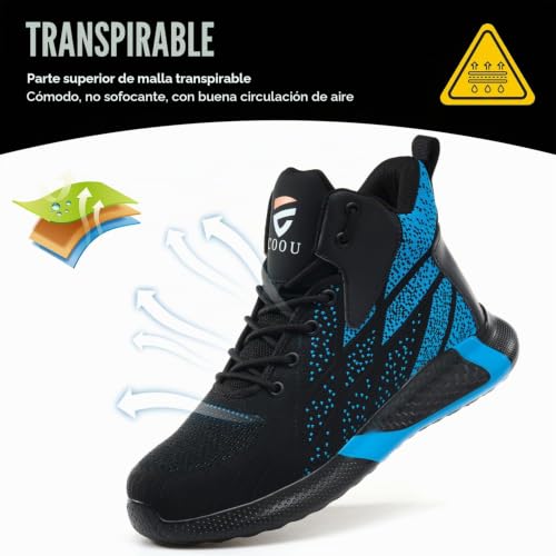 COOU Safety Boots Men Women Comfortable Work Shoes Steel Toe Lightweight Breathable Footwear Sports Safety | Botas Trabajo Punta Acero, Malla Transpirable, Calzado de Seguridad Caña Alta para Logística, Almacén & Industria