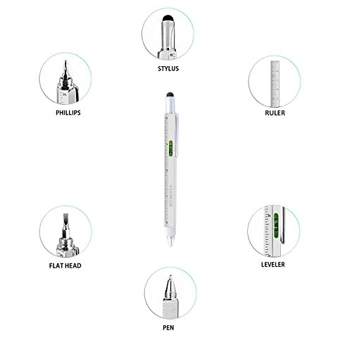 Screwdriver Pen Pocket Multi-Tool 6 in 1 - Multi-Functional & Sturdy Aluminum DIY Tool, with Screwdriver, Stylus, Bubble Level, Ruler & Phillips Flathead Bit, Unique Gift Idea (Silver)