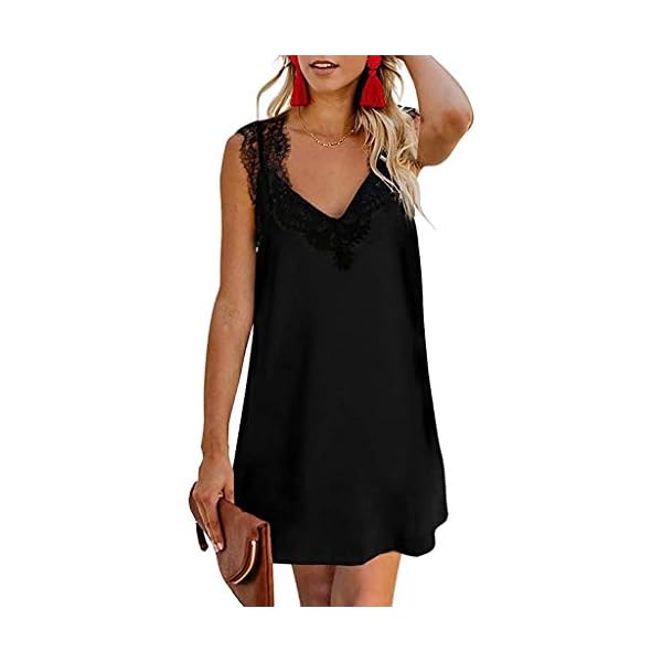 Vestidos Verano Mujer Casual Comodo,Mini Vestido Casual Sin Mangas con Cuello En V Y Correa De Espagueti De Encaje para… | DeHippies.com