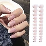 Sethexy 24Pcs French Nude Pink Glossy False Nails Wedding Ins Style Oval Press on Full Cover Fake Nails for Women and Girls