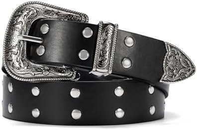 Vintage Black Leather Western Belt Silver Long Horn Engraved Buckle Cowgirl Y2K West Cowboy/girl Three Piece Sets Silver Plated Longhorn  main image 3